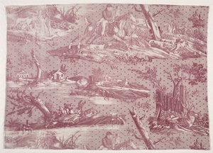 Fragment av koppartryckt bomull med jaktscendesign, ca. 1815. av Emile Jean Horace Vernet
