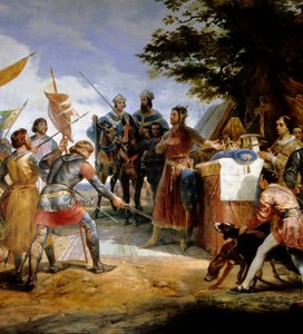 Fransk-engelska kriget (1202-1214): "" slaget vid Bouvines den 27/07/1214, Philippe Auguste sätter i spel Frankrikes krona"" Hon motsatte sig Philippe Augustes franska armé mot flamländarna och Othon IV. . Den franska segern var avgörande i o av Emile Jean Horace Vernet