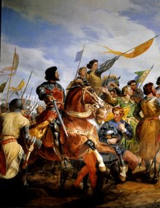 Fransk-engelska kriget (1202-1214): "" slaget vid Bouvines den 27/07/1214, Philippe Auguste sätter i spel Frankrikes krona"" Hon motsatte sig Philippe Augustes franska armé mot flamländarna och Othon IV. . Den franska segern var avgörande i o av Emile Jean Horace Vernet