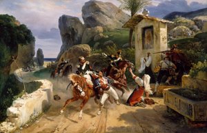 Italienska rövare överraskade av påvliga trupper av Horace Vernet