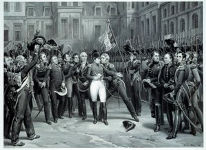 Napoleon Bonapartes (1769-1821) farväl till den kejserliga vakten på gården i Cheval Blanc i Fontainebleau 1814-04-20 Gravyr av Emile Vernet dit Horace Vernet (1789-1863) 1814 Paris, B.N. av Emile Jean Horace Vernet