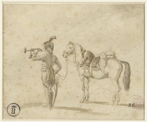 Trumpetare bredvid häst av Emile Jean Horace Vernet