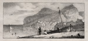 Utsikt över en hamn. av Emile Jean Horace Vernet