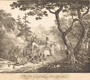 Sårade franska attackerade av en kosack av Horace Vernet and Hippolyte Lecomte