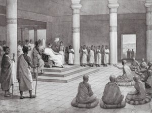 Kung Milinda ställer frågor, 140 f.Kr (litografi) av Horace van Ruith