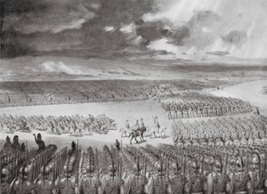 Porus inväntar Alexanders attack, juli 326 f.Kr (litografi) av Horace van Ruith