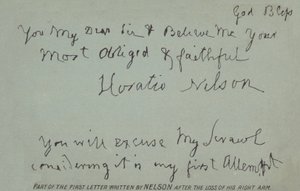 En del av det första brevet som Nelson skrev efter förlusten av sin högra arm av Horatio Nelson