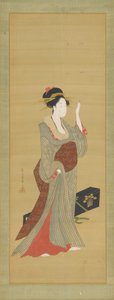 En geisha på väg att justera en sköldpaddshårnål, sent 1700-tal. av Hosoda Eishi