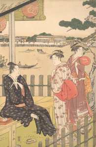 Grupp på ett tehus på stranden av Sumidafloden, ca. 1790. av Hosoda Eishi
