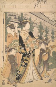 Två Oiran med två kvinnliga skötare i Yoshiwara. av Hosoda Eishi