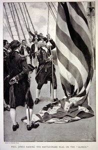 John Paul Jones hissar den amerikanska skallerormsflaggan på Alfred (litho)