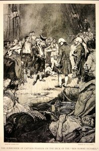 Kapten Pearsons överlämnande till John Paul Jones på Bonhomme Richards däck 1779 (litho)