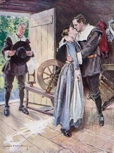 Illustration till The Courtship of Miles Standish av Henry Wadsworth Longfellow (litho i färg)