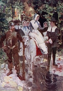 Illustration för The Courtship of Miles Standish av Henry Wadsworth Longfellow (litho i färg)