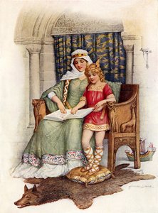 Alfred den store lär sig läsa (färg litho) av Howard Davie