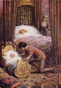 "Han böjde sig ner för att kyssa den lilla bebisen" från "Luciella" (färg litho) av Howard Davie