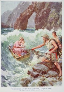 "Han ritade henne och barnet säkert på en avsats av sten" (färg litho) av Howard Davie