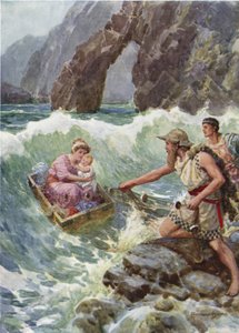 Han drog henne och barnet säkert på en avsats av sten. Från hur Perseus och hans mor kom till Seriphos (färg litho)