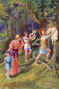 "Jason slet av fleece från trädstammen" (färg litho) av Howard Davie