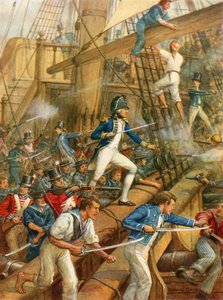 Nelson går ombord på San Nicolas (färg litho) av Howard Davie