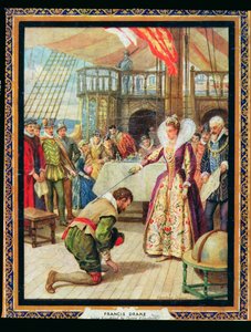 Drottning Elizabeth I (1530-1603) riddar Francis Drake (1540-96), illustration från "Heroes of History" (färg litho)