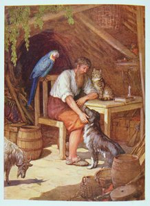 Robinson Crusoe in his Hut, illustration från 