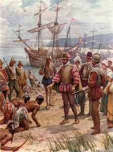 Sir Walter Raleigh landar i Virginia (färg litho) av Howard Davie