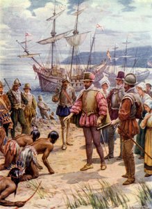 Sir Walter Raleigh, landar i Virginia (färg litho) av Howard Davie