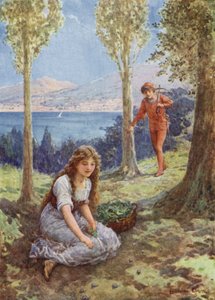 "Plötsligt stannade han och stirrade hänförd" från "Filadoro" (färg litho) av Howard Davie