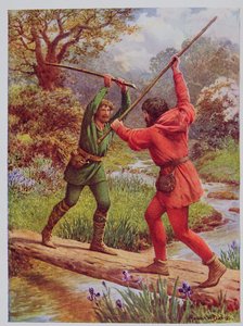 Kampen mellan Robin Hood och Little John, illustration från "Robin Hood and his Life in the Merry Greenwood", berättad av Rose Yeatman Woolf, publicerad av Raphael Tuck av Howard Davie