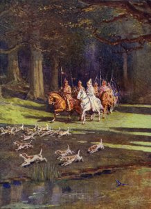 Hela sällskapet gav sig ut mot skogen (färg litho) av Howard Davie