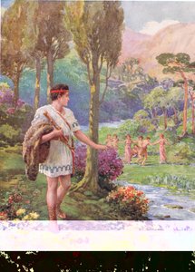 "Under skuggan av klippor och träd dansade nymfer och herdar", illustration för "Hur Theseus dräpte människornas slukare", från The Heroes of Greek Fairy Tales, av Charles Kingsley (1819-75) (färg litho) av Howard Davie