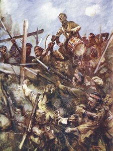 Trummisen Walter Ritchie står på fiendens bröstvärn för att ljuda laddningen, under kraftig kulspruteeld och bombattacker, Beaumont Hamel, Frankrike, 1 juli 1916