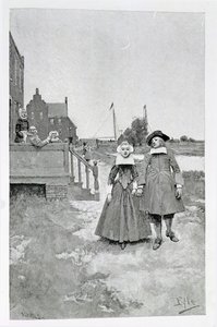 Längs kanalen på gamla Manhattan, illustration från "The Evolution of New York" av Thomas A. Janvier, pub. i Harper