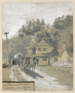 En gammal statlig tullport med Westward Bound Express, ritning av en illustration till artikeln av Howard Pyle