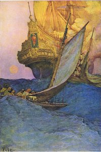 En attack mot en galjon, från Howard Pyles Book of Pirates publicerad av Harper & Bros, 1921