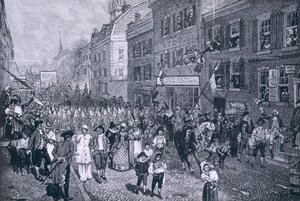 Karneval i Philadelphia, illustration från "Slaget vid Monmouth Court House" av Benson J. Lossing, pub. i Harper