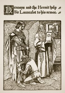 Denneys och eremiten hjälper Sir Launcelot att ta på sig rustningen, illustration från "The Story of Sir Launcelot and his Companions", 1907 av Howard Pyle