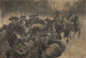 Fem rödklädda soldater till häst, en annan med ögonbindel ... runt dessa grupperar sig en brokig skara fattiga människor, unga och gamla av Howard Pyle