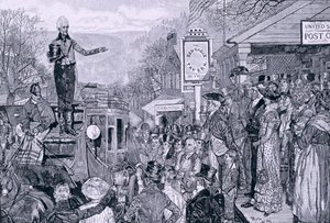 "General Jackson, tillträdande president, på väg till Washington", illustration från "A Presidential Progress", pub. i Harper