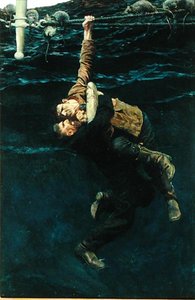 Han förlorade sitt grepp och föll, tog mig med, från "The Grain Ship" av Morgan Robertson, publicerad i Harper