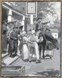 Han stannar vid väderflöjelns tecken och ritar illustrationen till dikten av Howard Pyle