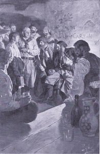 Han ledde Jack upp till mannen som satt på pipan, från Howard Pyles Book of Pirates publicerad av Harper & Bros, 1921 av Howard Pyle