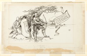 Illustration för The Accommodating Circumstance, II; Han passade en lång pil på sin båge och skickade den direkt genom den främste ryttaren av Howard Pyle