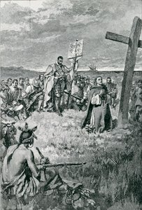 Jacques Cartier (1491-1557) sätter upp ett kors vid Gaspe, illustration från "The French Voyageurs" av Thomas Wentworth Higginson, publicerad i Harper