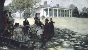 Martha och George Washington underhåller sina vänner på gräsmattan på Mount Vernon, 1898 (olja och grisaille på duk) av Howard Pyle