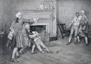 Möte av kapten Tollemache och kapten Pennington på "The City Arms", illustration från "Old New York Taverns" av John Austin Stevens, pub. i Harper