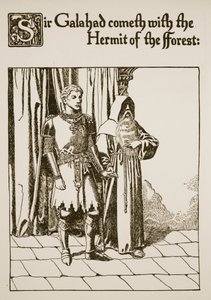 Sir Galahad kommer med eremiten i skogen, illustration från "The Story of the Grail and the Passing of Arthur", ca 1910 av Howard Pyle