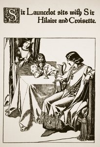 Sir Launcelot sitter med Sir Hilaire och Croisette, illustration från "The Story of the Champions of the Round Table" av Howard Pyle