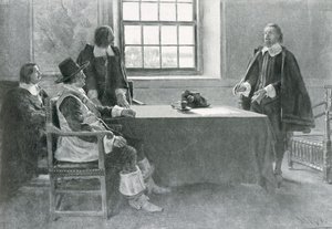 Sir William Berkeley som kapitulerar till kommissionärerna av Commonwealth, illustration från "I Washingtons dag" av Woodrow Wilson, pub. i Harper
